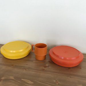 Vintage Tupperware Seal N Serve Travel Plate & Bowl + Cup Yellow Orange